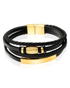 Mendes Jewelry Heren Armband van Roestvrijstaal en Echt Leder - Luxe Zwart met Gouden Elementen