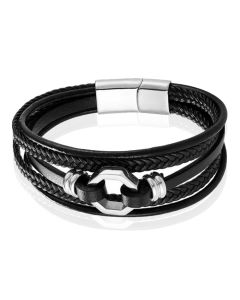 Mendes Jewelry Heren Armband van Roestvrijstaal en Echt Leder - Stijlvol Zwart met Zilveren Achtkant