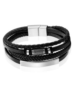 Mendes Jewelry Heren Armband van Roestvrijstaal en Echt Leder - Stijlvol Zwart met Zilveren Elementen