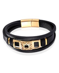 Mendes Jewelry Luxe Heren Armband in Zwart Leer met Gouden Elementen