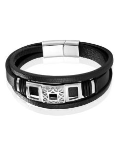 Mendes Jewelry Luxe Heren Armband in Zwart Leer met Zilveren Elementen