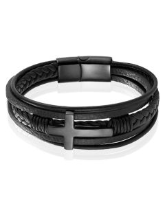 Mendes Jewelry Roestvrijstalen en Echt Lederen Heren Armband met Groot Kruis in Zwart 