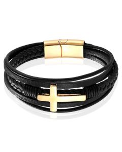 Mendes Jewelry Roestvrijstalen en Echt Lederen Heren Armband met Groot Kruis in Zwart en Goud