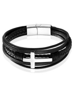 Mendes Jewelry Roestvrijstalen en Echt Lederen Heren Armband met Groot Kruis in Zwart en Zilver