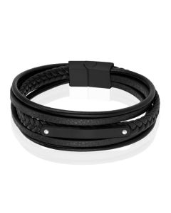 Mendes Lederen Armband voor Mannen - Zwart, Met Graveerplaat en RVS Sluiting