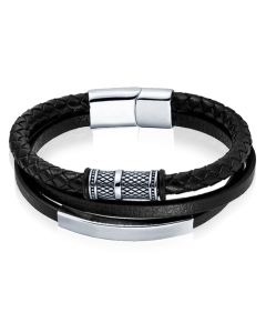 Mendes multi armband leer RVS Kraal Zwart Zilverkleurig