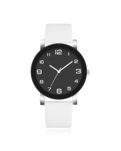 Minimalistisch Herenhorloge met Hoog Contrast en Zwarte Lederen Band