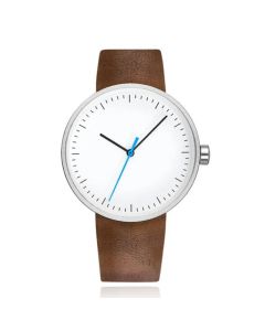 Minimalistisch Herenhorloge met Wit Uurwerk, Bruine Echt Lederen Band en Zilveren Behuizing