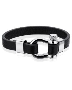 Nautische heren armband Edelstaal Anker Leer Zwart