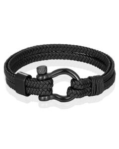 Nautische heren armband Leer Edelstaal Zwart 