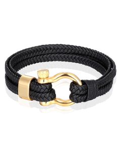 Nautische heren armband Leer Edelstaal Zwart Goudkleurig