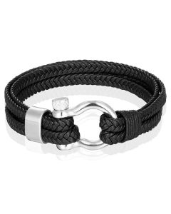 Nautische heren armband Leer Edelstaal Zwart Zilverkleurig