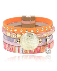 Oranje multicolor leren dames armband Ibiza stijl met bedels en studs