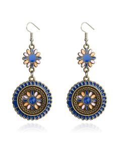 Ronde dames oorhangers met bloemvorm multicolor blauw