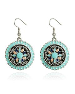 Ronde zilverkleurige dames oorbellen multicolor turquoise