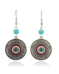 Ronde zilverkleurige dames oorhangers rode en turquoise details