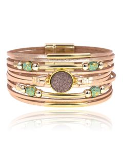RosÃ© goudkleurige multilayer leren dames armband met steen en kralen