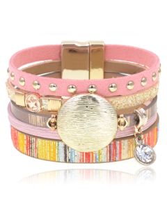 Roze multicolor leren dames armband Ibiza stijl met bedels en studs
