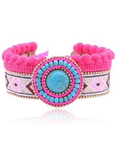 Roze multicolour dames armband van leer met Turkoois