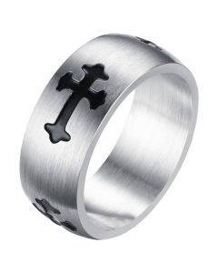 RVS Heren ring met zwart kruis