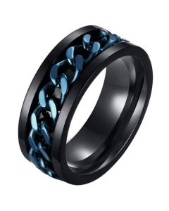 Stalen herenring met Cubaanse ketting Zwart Blauw