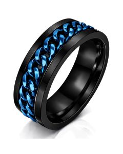 Stalen herenring met Cubaanse ketting Zwart Blauw