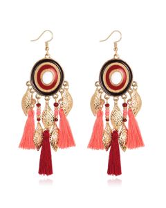 Statement Oorbellen met Ronde Hanger, Bedeltjes en Kwastjes - rood