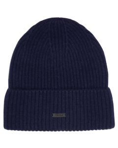 Stone Valley 100% Wol Navy Geribbelde Muts met Zwart Metalen Logo
