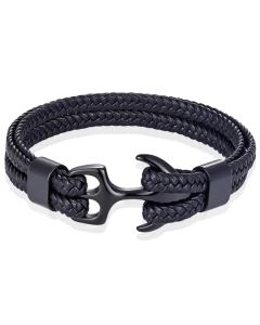 Tom Jaxon Heren armband Anker gevlochten Leer Zwart