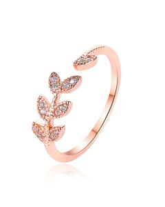 Verstelbare Dames Eternity Ring met Leafs - KoperRose met Zirkonia Steentjes