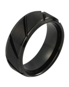 Wolfraam heren ring diagonale Groeven Zwart 8mm