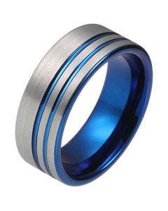 Wolfraam heren ring Dubbele Groef Geborsteld Zilverkleurig Blauw