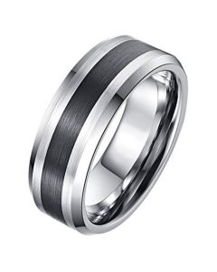 Wolfraam heren ring Geborsteld Zwarte Streep 8mm