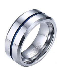 Wolfraam heren ring zilverkleurig met blauwe streep