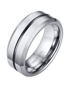Wolfraam heren ring zilverkleurig met Zwarte streep