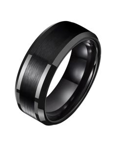 Wolfraam heren ring zwart geborstelde streep 8mm