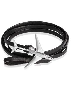 Wrap armband Heren Leer Vliegtuig Anker Zwart Zilverkleurig