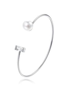 Zilverkleurige armband met Rechthoekige Zirkonia Steen en Imitatie Parel