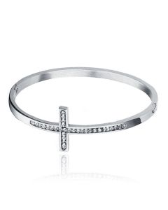 Zilverkleurige Bangle Damesarmband Edelstaal met Steentjes en Kruis