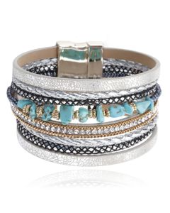Zilverkleurige dames armband Boho met blauw natuursteen