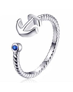 Zilverkleurige Dames Ring Verstelbaar met Anker en Blauwe Zirkonia