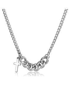Zilverkleurige Heren Ketting Met Schakel en Kruis