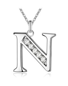 Zilverkleurige Letter N Dames Ketting met Zirkonia