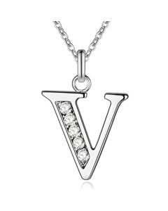 Zilverkleurige Letter V Dames Ketting met Zirkonia