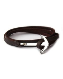 Zilverkleurige anker armband bruin leren koord