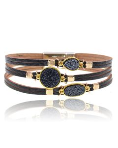 Zwart met goudkleurige leren Boho dames armband met glitter stenen