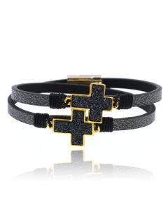 Zwarte leren wrap armband voor dames met zwarte kruizen