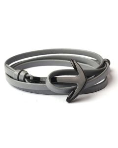 Zwarte anker armband met grijs leren koord