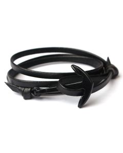 Zwarte anker armband met leren koord