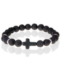 Zwarte kralen armband Lavasteen met Kruis